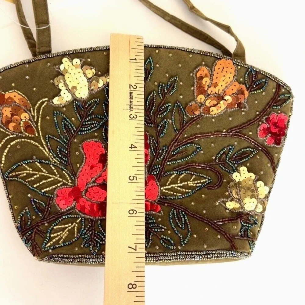 ERMO Collection‎ Evening Velvet Floral Beaded Handbag Zipper Olive Green